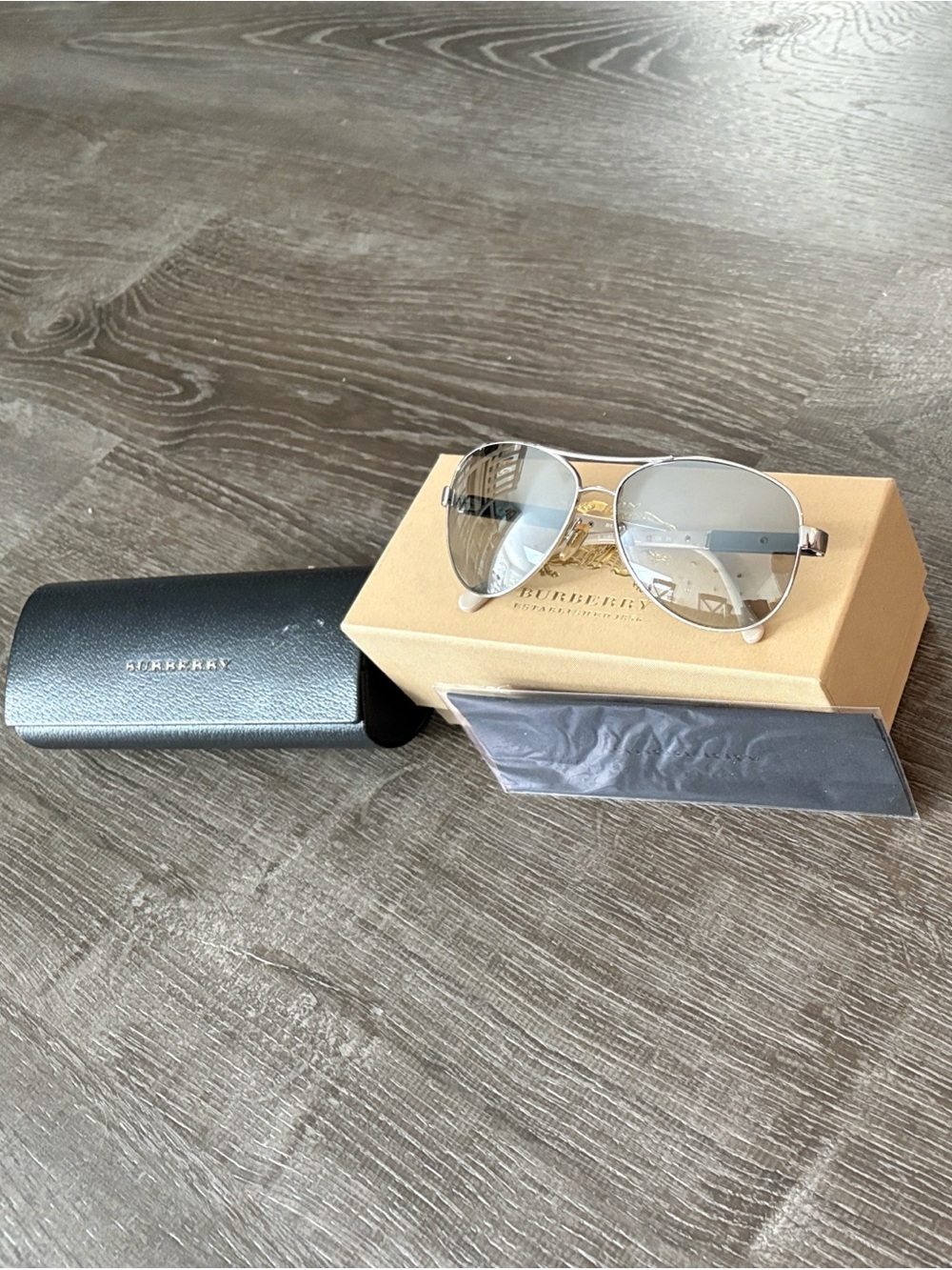 Burberry Silver Aviator Sunglasses with Gray Lenses